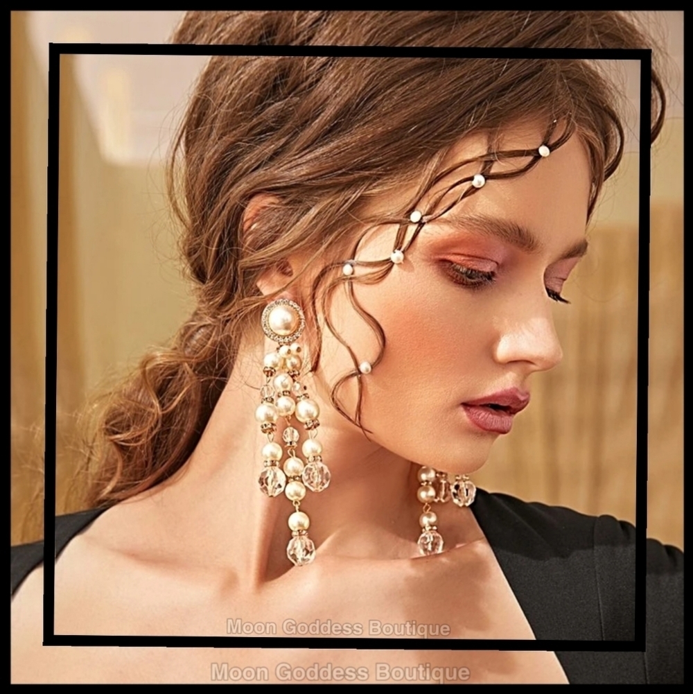 Victorian ✦ Pearl Drop Earrings ✦ Long Beaded Crystal Rondel Silver‑Tone NWT